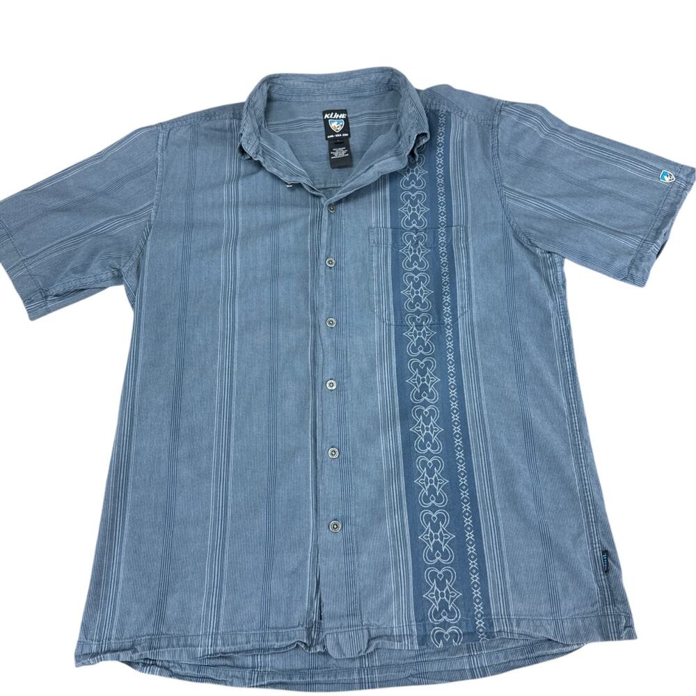 KUHL Mens Large Short Sleeve Shirt Blue Organic Cotton Embroidered Boho Gorpcore